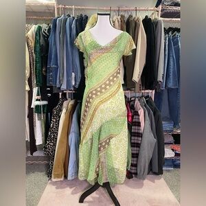 B. Smart Green and Yellow Patterned Midi Dress